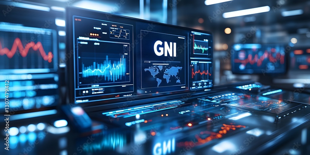 Poster control room operations modern gni technology digital displays high-tech environment overhead view d