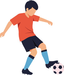 A young male soccer player in a red shirt and blue shorts skillfully dribbling a black and white soccer ball in a minimal vector illustration