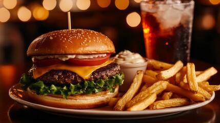 Juicy Cheeseburger with Golden French Fries and Soda