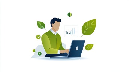 Man cultivates growth as a plant emerges from his laptop, blending technology with nature's potential.