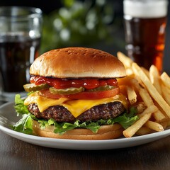 Juicy Cheeseburger with Golden Fries and Drinks