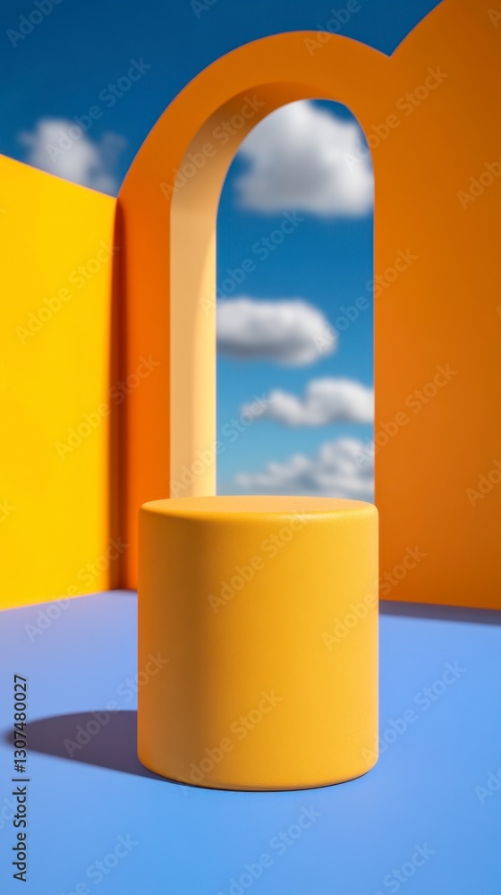Poster bright yellow cylindrical display stand in a minimalist room with arched openings, showcasing a blue
