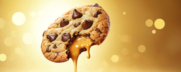 A gooey chocolate chip cookie oozing with caramel against a sparkling golden background.