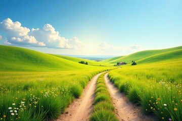 Obraz premium Serene Countryside Path Winding Through Vibrant Green Meadows Under a Bright Summer Sky