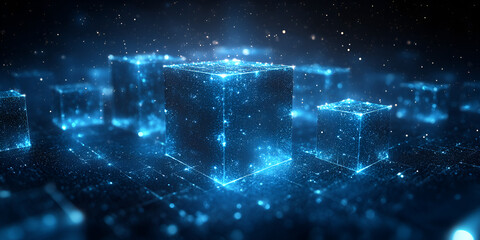 Digital blue holographic cubes floating in cosmic space environment