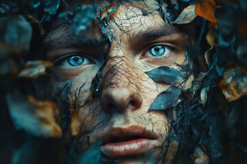 A man with blue eyes adorned with leaves on his face, presenting a unique and artistic portrait.