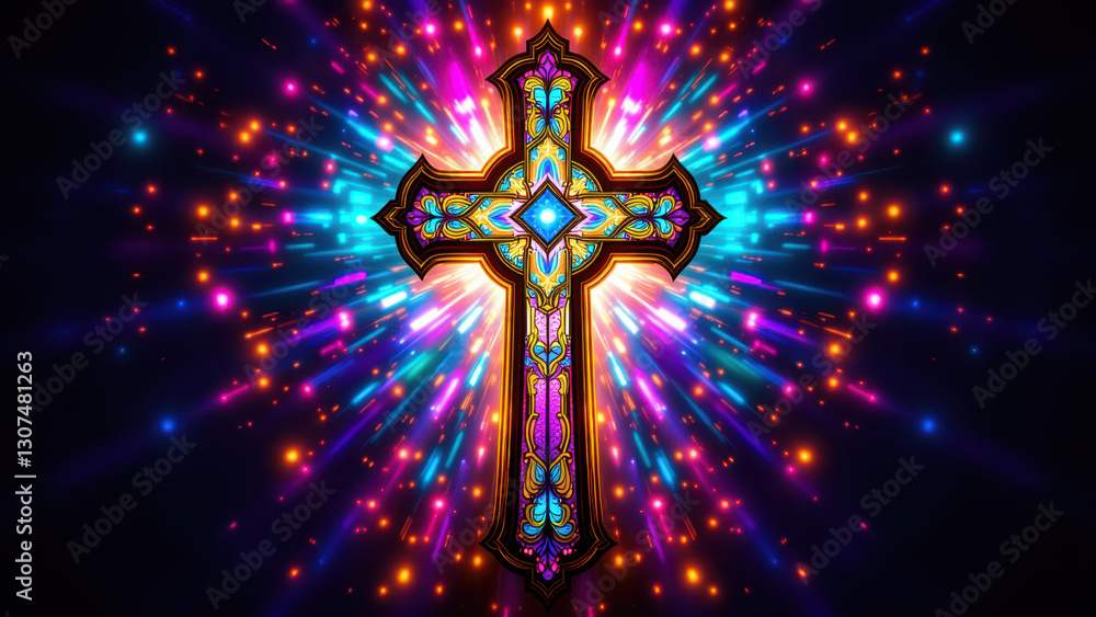 Poster colorful christian cross on a gray background with vibrant light beams emanating from behind it.