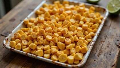A platter of freshly grilled sweetcorn kernels, sprinkled with chili powder and lime juice, resting on a rustic wooden table