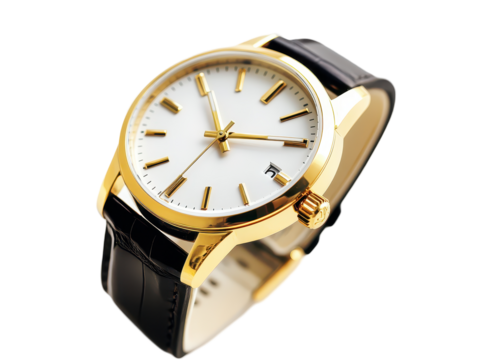 Isolated Gold Watch with Black Leather Strap