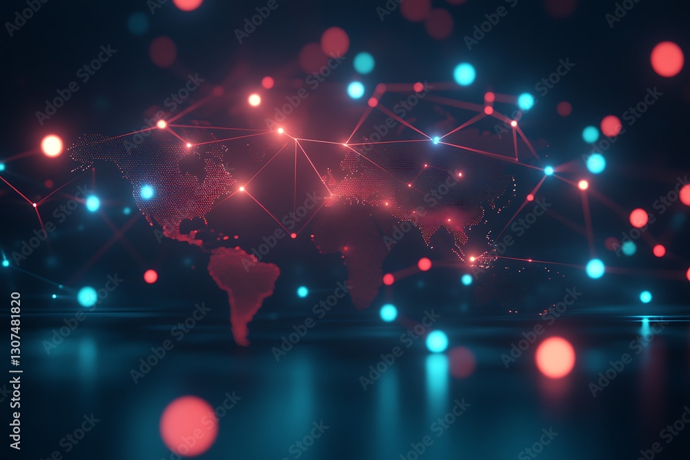 Poster interconnected global network with digital nodes and glowing lines