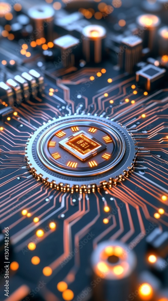 Poster close up view of a central processing unit (cpu) on a circuit board, illuminated with warm, orange l
