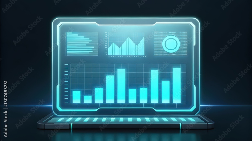 Poster a futuristic laptop display showing financial data charts and graphs, glowing with a bright digital 