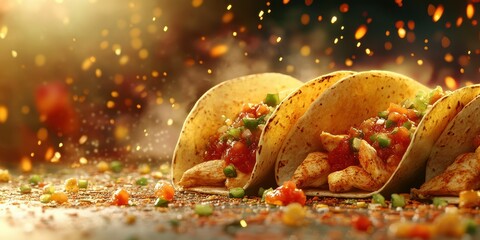 Delicious tacos with chicken and salsa served on a vibrant background of spices and flames