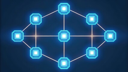 a network of connected glowing digital nodes on a blue background, conveying connectivity, data flow, and technological advancement