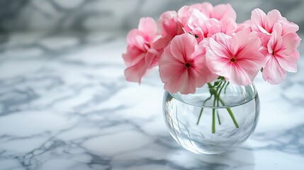 Delicate pink flowers in a clear glass vase on marble