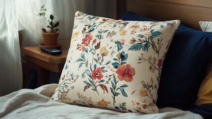 Floral pillow on bed with plant and remote, cozy bedroom