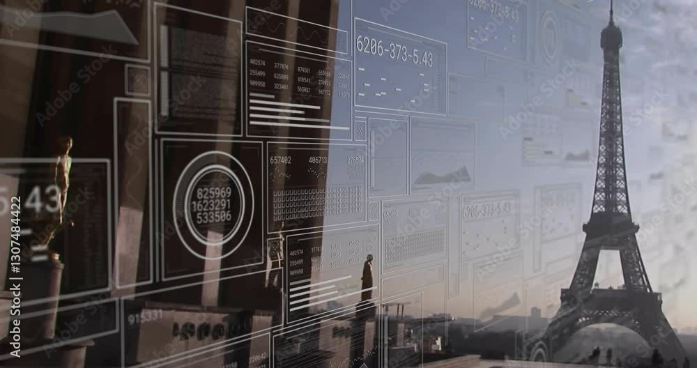 Poster animation overlaying digital data interface on eiffel tower and cityscape view