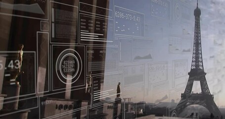 Animation overlaying digital data interface on Eiffel Tower and cityscape view - Powered by Adobe
