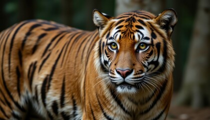 The majestic Bengal tiger stands proudly, its bright amber eyes fixated on its prey in the tranquil wilderness, showcasing its untamed beauty in its natural habitat.