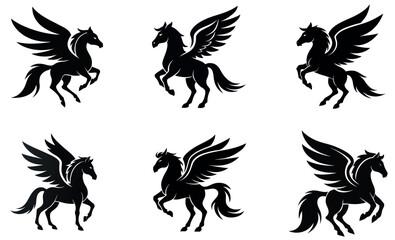 Silhouettes of Majestic Pegasus Horses icon set
