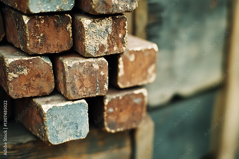Poster stacked weathered brick pieces for rustic design material or architecture