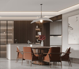Modern Minimalist Dining Room with Neutral Color Palette Featuring a Sleek Round Wooden Table, Leather Chairs, and Contemporary Pendant Light. Luxurious apartment interior design. 3d rendering.