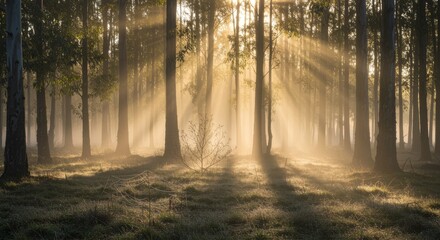 Obraz premium Serene Eucalyptus Forest at Dawn Sunlight Streaming Through Leaves
