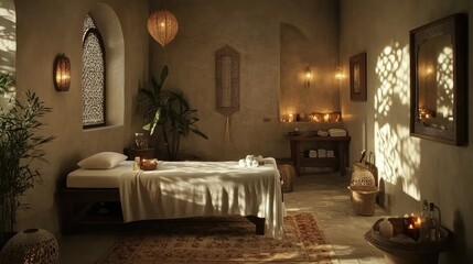 A serene hotel spa room featuring a massage table adorned with fresh white linens, soft ambient lighting, and aromatic candles creating a tranquil atmosphere.