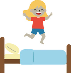 Happy child jumping on a bed with excitement in a playful, flat design style, showcasing joy and energy in vector illustration