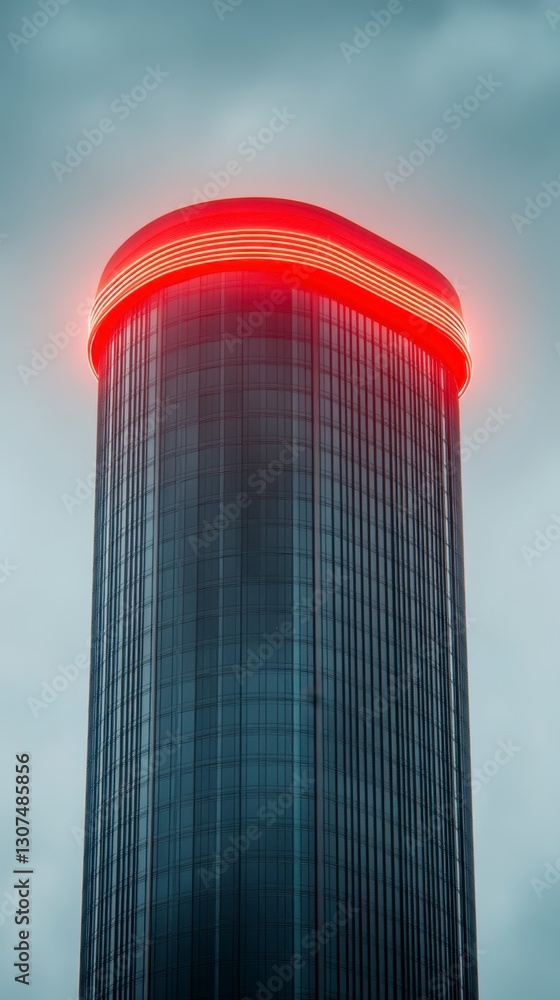 Poster low angle view of a tall, dark cylindrical building with a red illuminated top under a cloudy sky. t