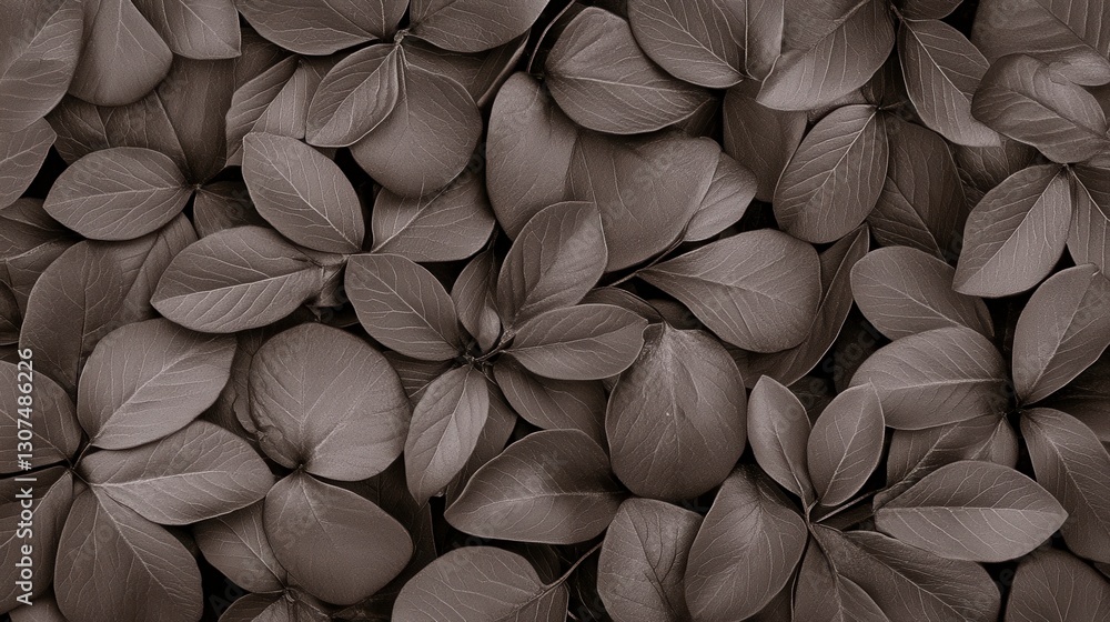 Poster close up view of numerous dark gray leaves, densely arranged and covered in tiny water droplets, cre