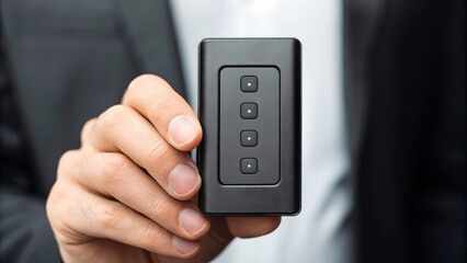 Person holding a sleek, black, rectangular device with five buttons. The device is held in the palm of a hand, with a dark business suit in the background. 