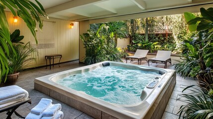 A tranquil hotel spa area with a bubbling hot tub, surrounded by lush indoor plants, soft lighting, and neatly folded towels ready for use.