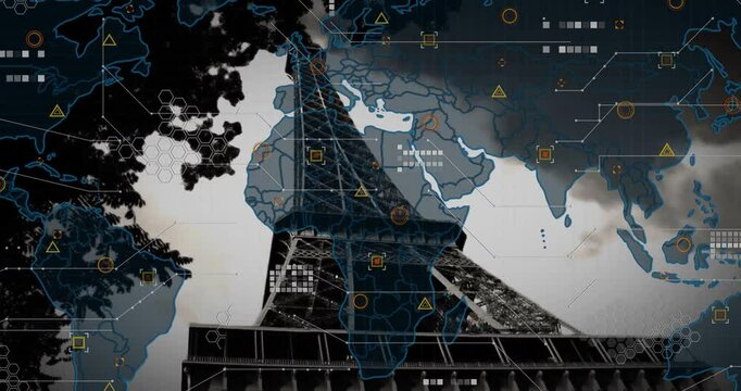 Eiffel Tower with digital world map and data processing animation overlay