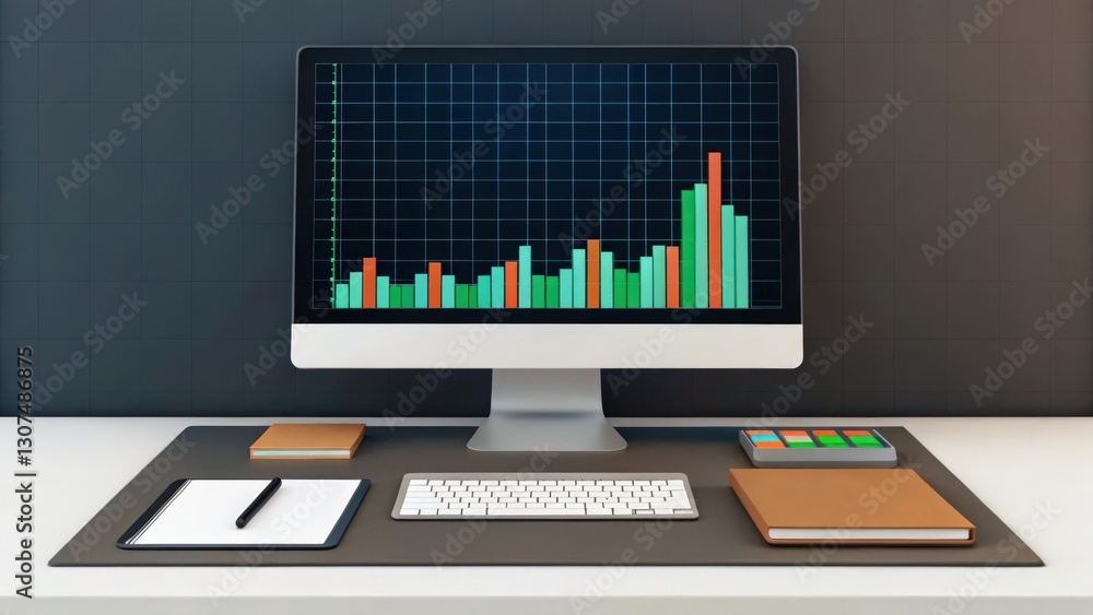 Poster a desktop computer displaying financial charts on a modern desk