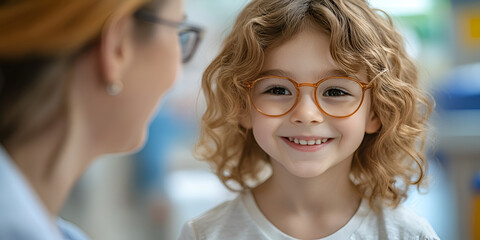 young child with curly hair and glasses smiles warmly at adult