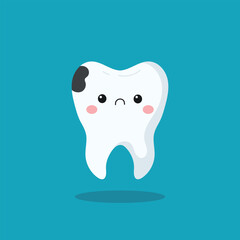 Cute sad tooth character isolated on blue background 
