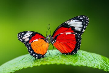 Fototapeta premium A pair of butterflies mating on a bright green leaf, wings gently touching