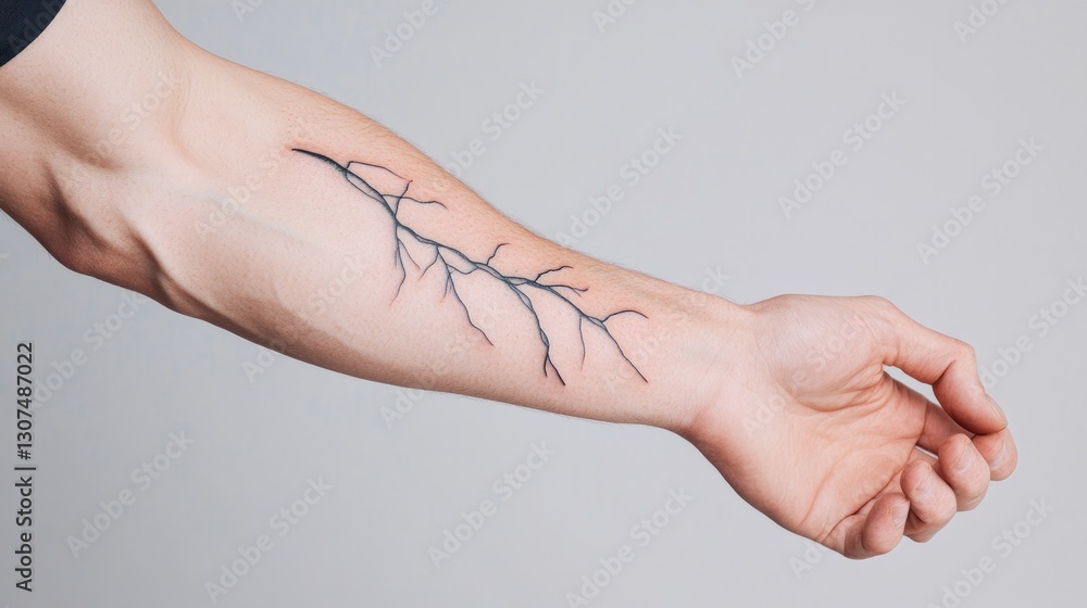 Poster close-up of black and white abstract tattoo on forearm emphasizing intricate linework and shading se