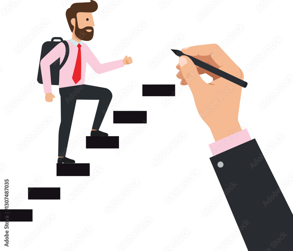 Poster a businessman climbing abstract stairs with a hand sketching the scene in a minimal flat design vect