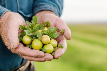close-up of farmer hands cradling imperfect yet fresh fruits and vegetables emphasizing natural beauty amid sustainability