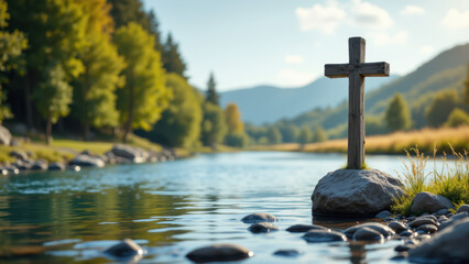 A tranquil river scene featuring a cross on a rock amidst serene natural surroundings.