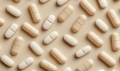White pills arranged in a stylish pattern on a beige background showcasing modern design aesthetics and high-resolution clarity