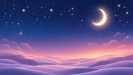 Serene Ramadan Night Sky with Crescent Moon and Stars for Custom Text Area