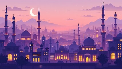 Serene Ramadan Night Sky with Crescent Moon and Stars for Custom Text Area