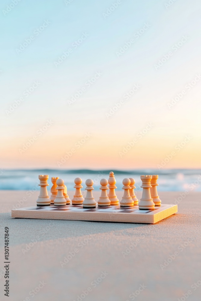 Poster conceptual composition of chessboard set up on sandy beach at sunset with waves in background