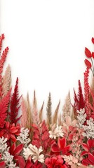 Dried flowers and foliage in shades of red, pink, beige, and brown arranged in a vertical border on a white background. Autumnal color palette, flat lay, overhead shot.