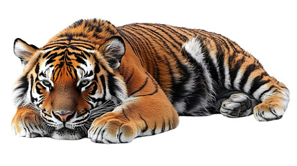 Tiger Lies Down Calmly, Isolated on White Background