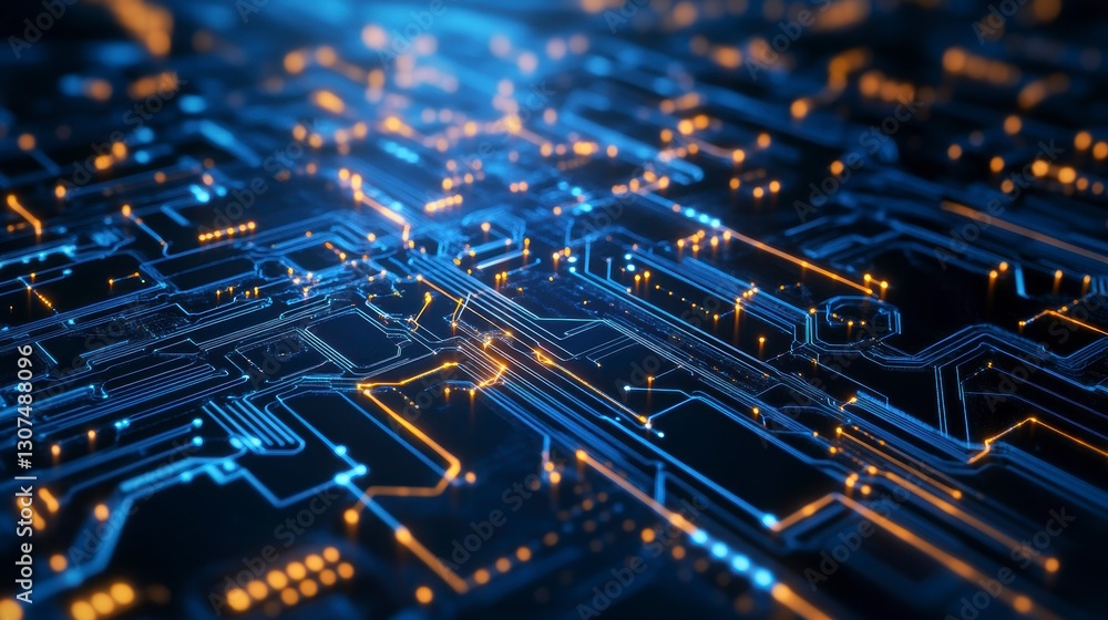 Poster abstract circuit board, glowing lines, futuristic technology, close-up view, possible use in tech-re
