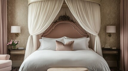 A boutique hotel bedroom featuring a canopy bed with sheer drapes, soft pastel tones, and vintage furniture, exuding romantic charm.